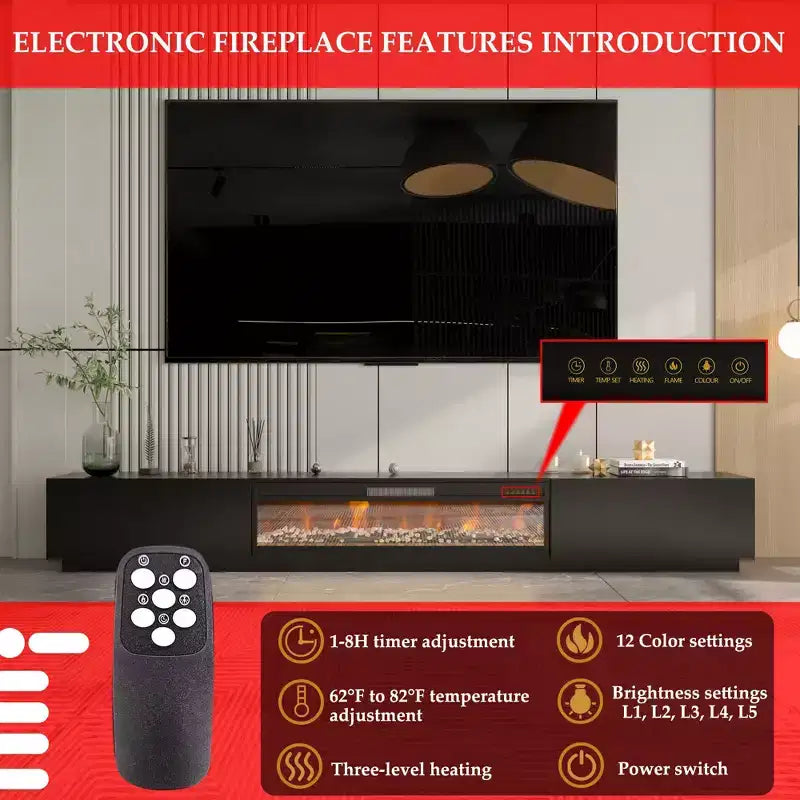 Meuble TV noir/blanc avec cheminée en option, convient aux téléviseurs jusqu'à 100", 2 styles