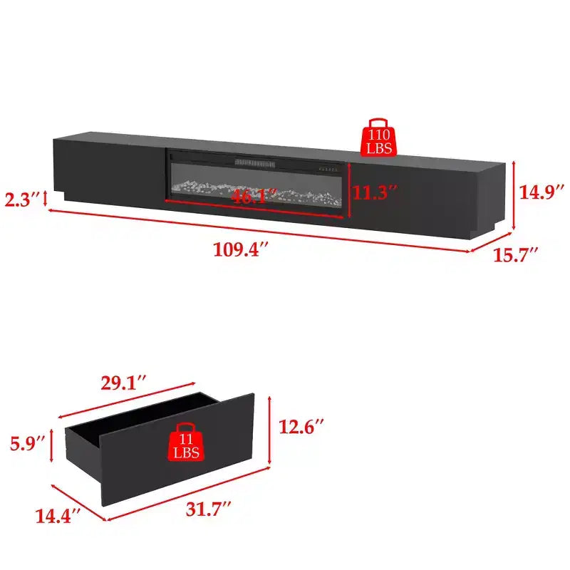 Meuble TV noir/blanc avec cheminée en option, convient aux téléviseurs jusqu'à 100", 2 styles