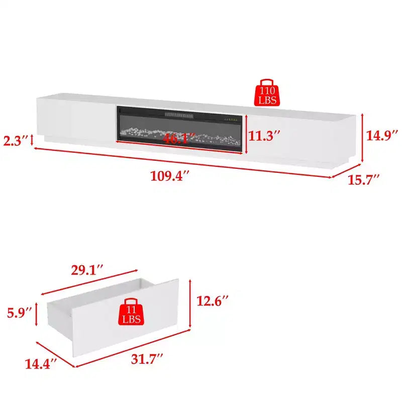 Meuble TV noir/blanc avec cheminée en option, convient aux téléviseurs jusqu'à 100", 2 styles
