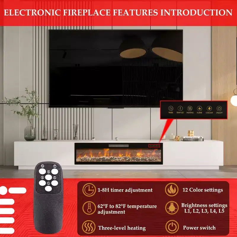 Meuble TV noir/blanc avec cheminée en option, convient aux téléviseurs jusqu'à 100", 2 styles