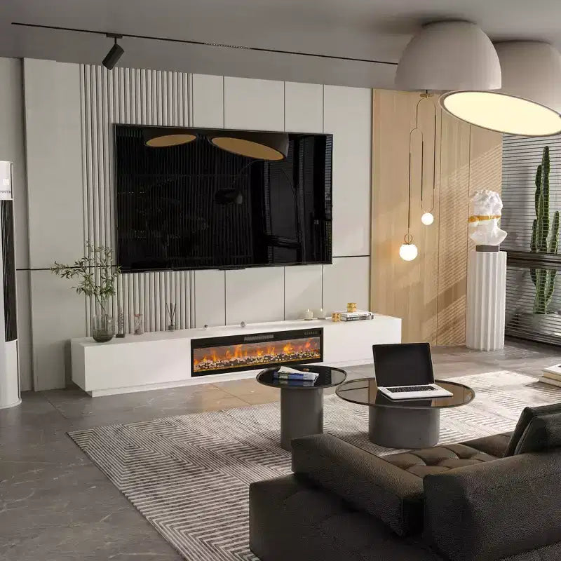 Meuble TV noir/blanc avec cheminée en option, convient aux téléviseurs jusqu'à 100", 2 styles