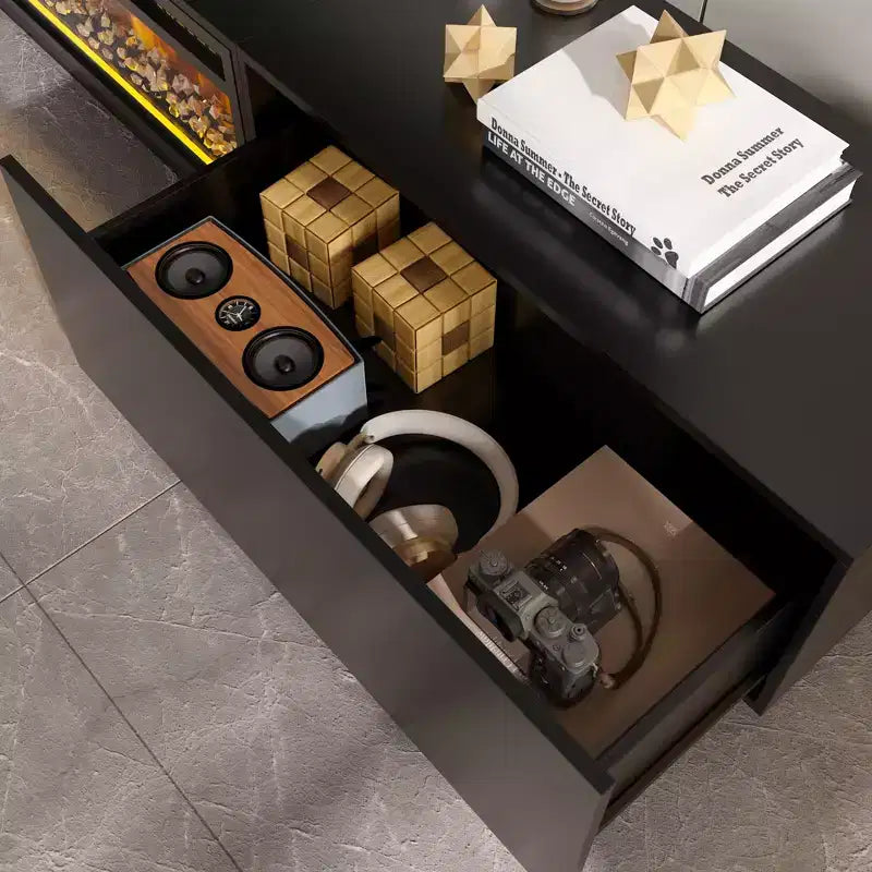 Meuble TV noir/blanc avec cheminée en option, convient aux téléviseurs jusqu'à 100", 2 styles