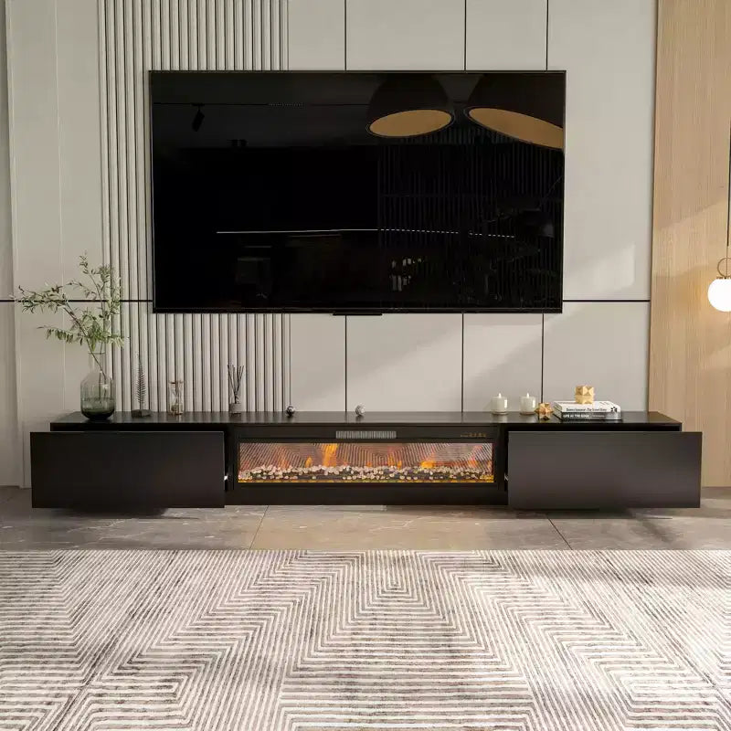 Meuble TV noir/blanc avec cheminée en option, convient aux téléviseurs jusqu'à 100", 2 styles
