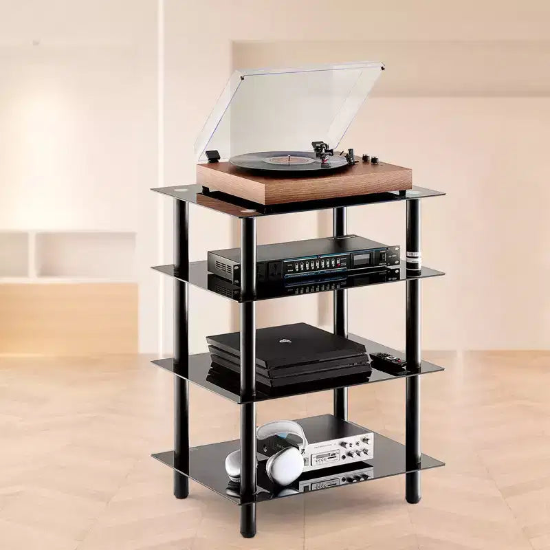 Meuble TV/Hi-Fi à 4 étages Noir & Argent – Hauteur réglable, Montage par 1 personne