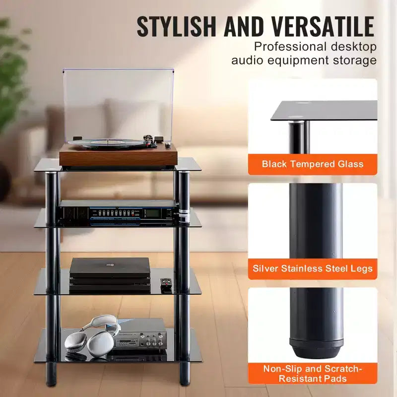 Meuble TV/Hi-Fi à 4 étages Noir & Argent – Hauteur réglable, Montage par 1 personne