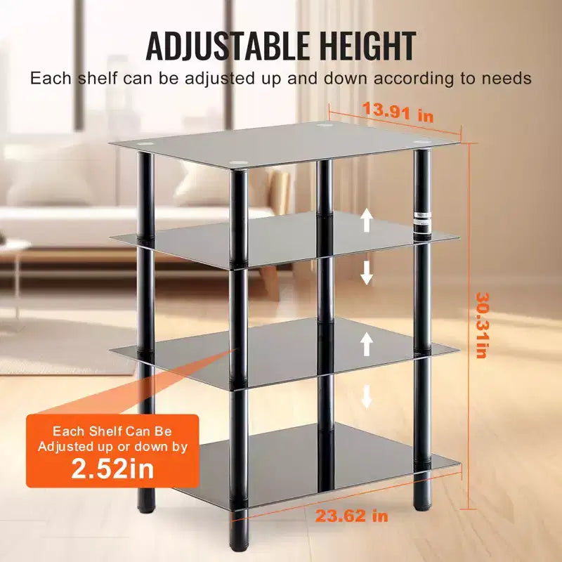 Meuble TV/Hi-Fi à 4 étages Noir & Argent – Hauteur réglable, Montage par 1 personne