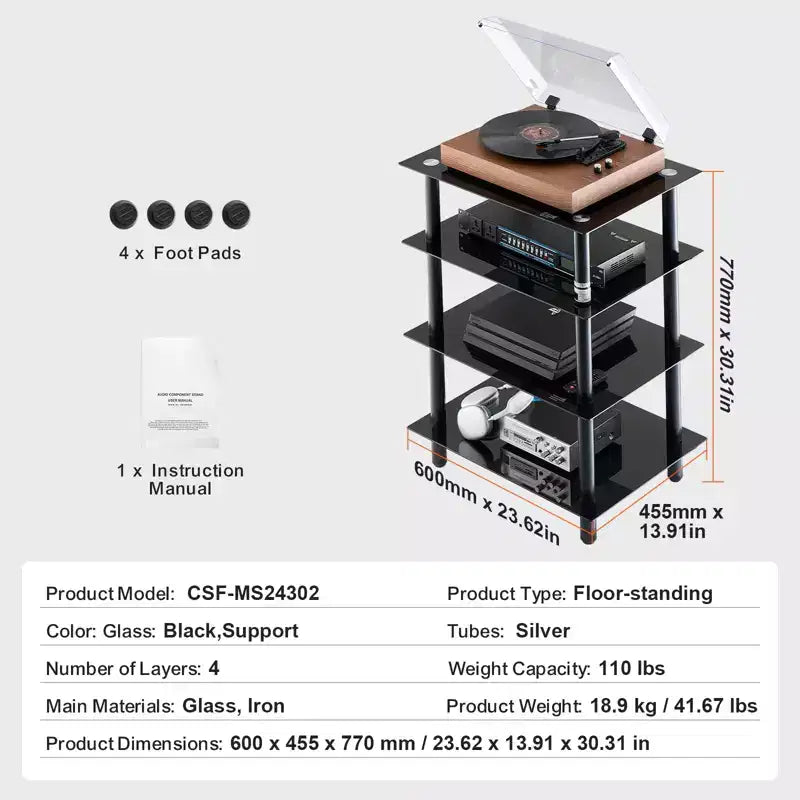 Meuble TV/Hi-Fi à 4 étages Noir & Argent – Hauteur réglable, Montage par 1 personne