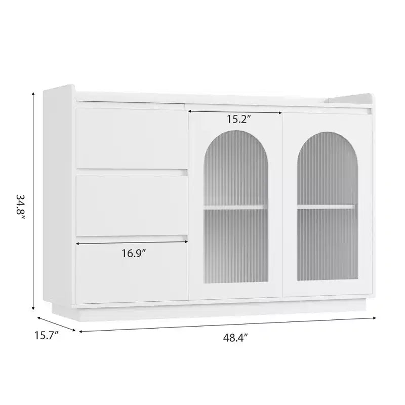 Bahut blanc avec porte vitrée et lumières LED – 2 portes, 3 tiroirs