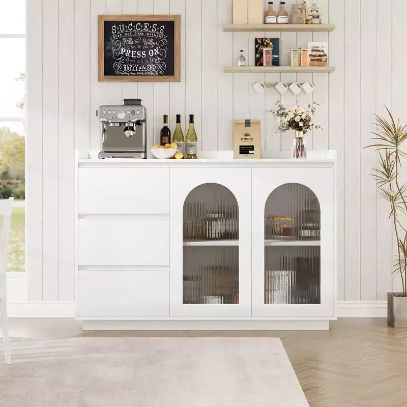Bahut blanc avec porte vitrée et lumières LED – 2 portes, 3 tiroirs