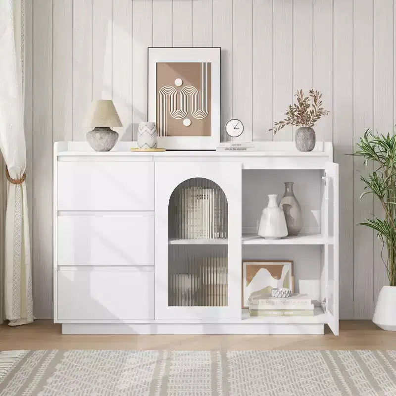 Bahut blanc avec porte vitrée et lumières LED – 2 portes, 3 tiroirs