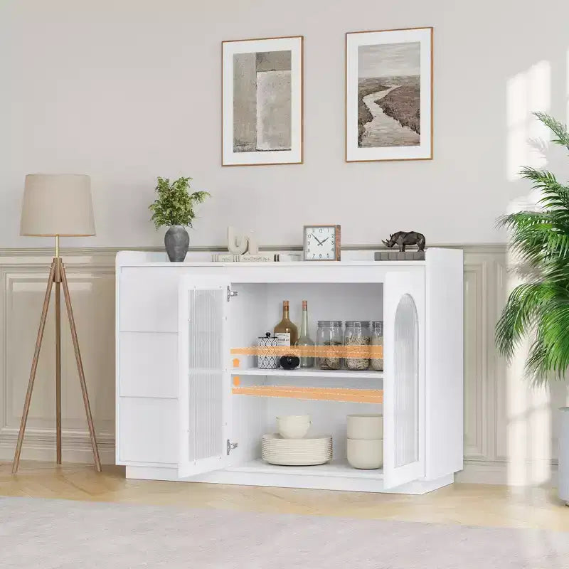 Bahut blanc avec porte vitrée et lumières LED – 2 portes, 3 tiroirs