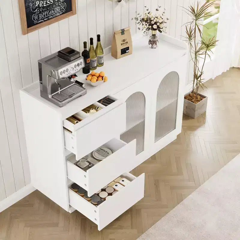 Bahut blanc avec porte vitrée et lumières LED – 2 portes, 3 tiroirs