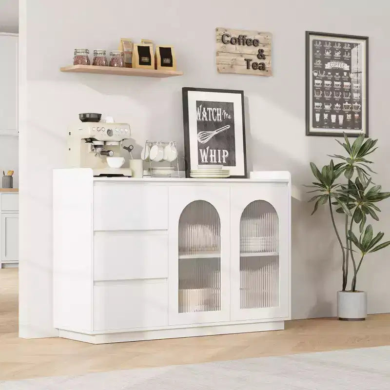 Bahut blanc avec porte vitrée et lumières LED – 2 portes, 3 tiroirs