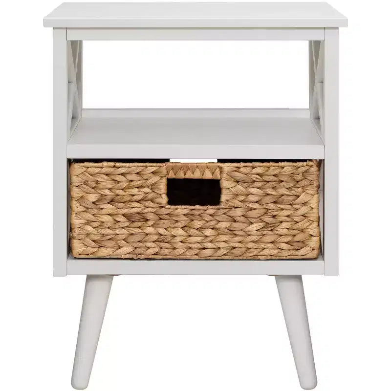 Table de chevet Mid-Century Modern avec panier en osier – Noyer / Blanc, 1 pièce