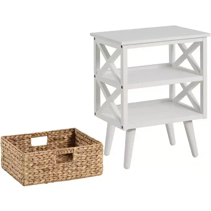 Table de chevet Mid-Century Modern avec panier en osier – Noyer / Blanc, 1 pièce