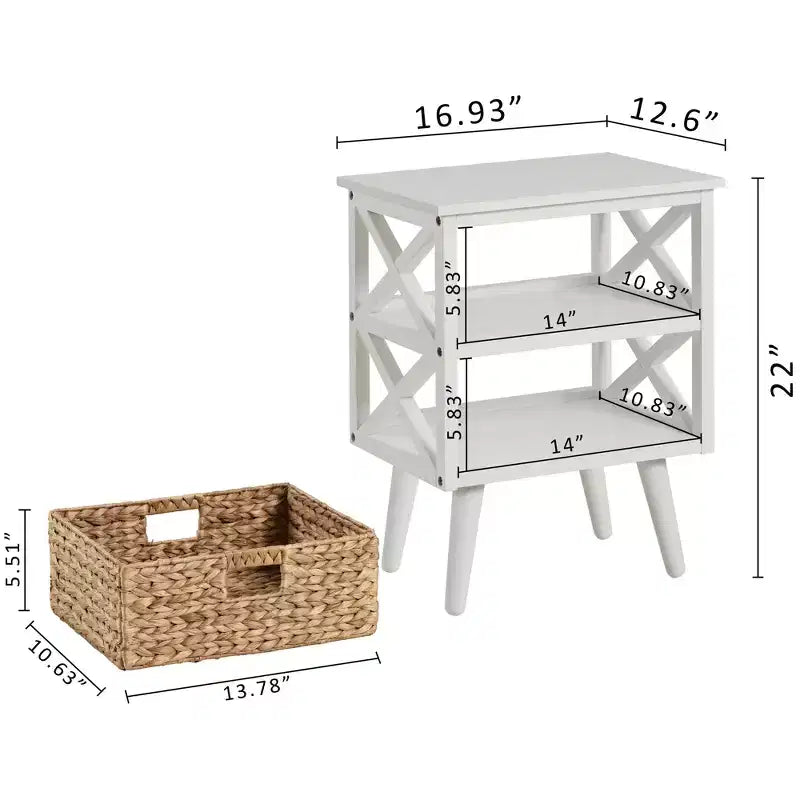 Table de chevet Mid-Century Modern avec panier en osier – Noyer / Blanc, 1 pièce