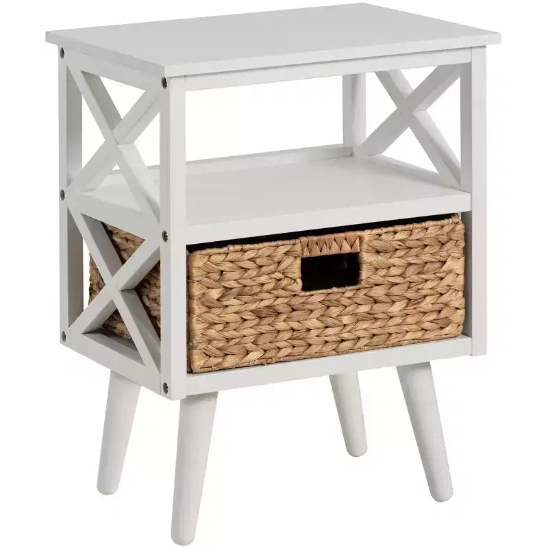 Table de chevet Mid-Century Modern avec panier en osier – Noyer / Blanc, 1 pièce