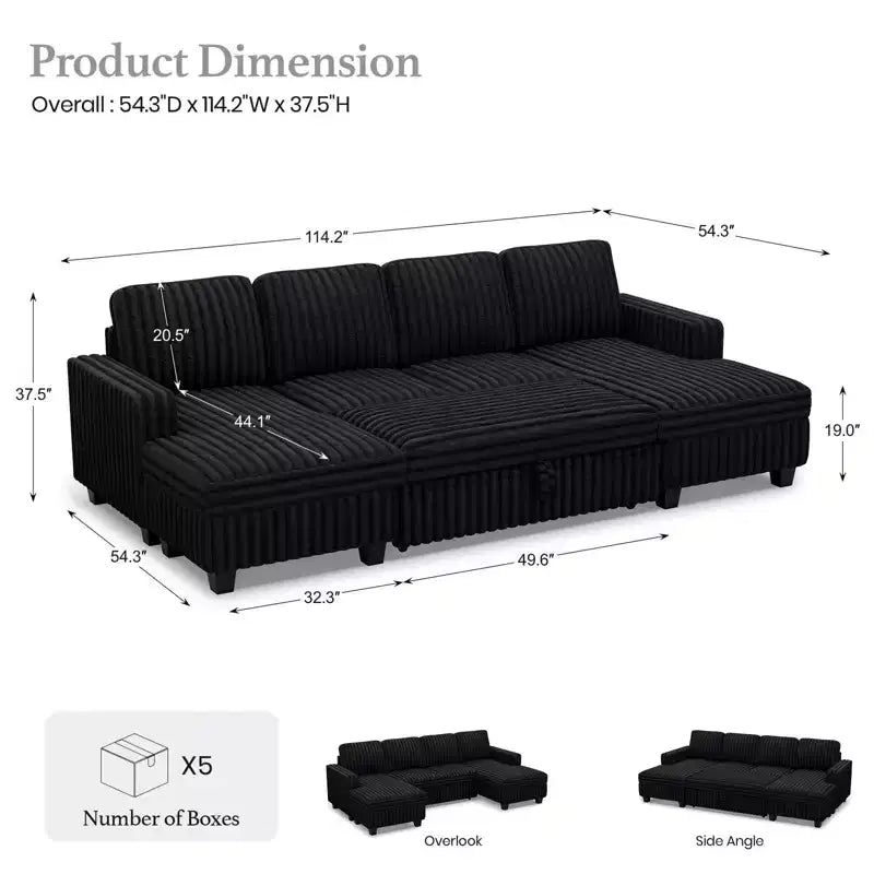 Canapé modulable convertible 2 places en velours côtelé noir/rouge/blanc avec chaise de rangement