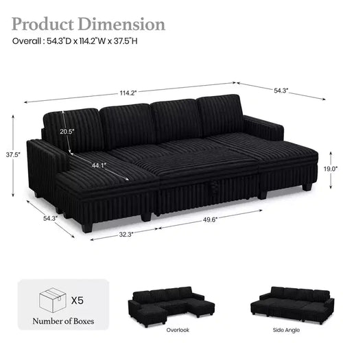 Canapé modulable convertible 2 places en velours côtelé noir/rouge/blanc avec chaise de rangement