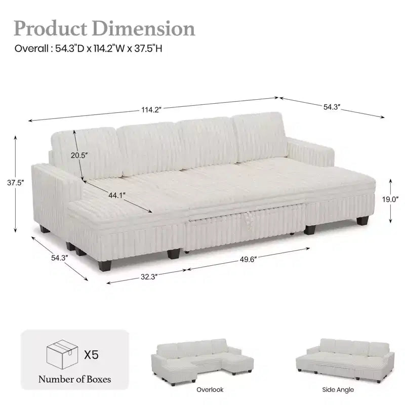 Canapé modulable convertible 2 places en velours côtelé noir/rouge/blanc avec chaise de rangement