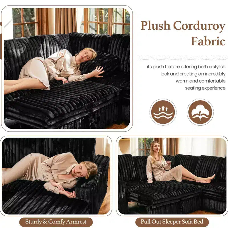 Canapé modulable convertible 2 places en velours côtelé noir/rouge/blanc avec chaise de rangement