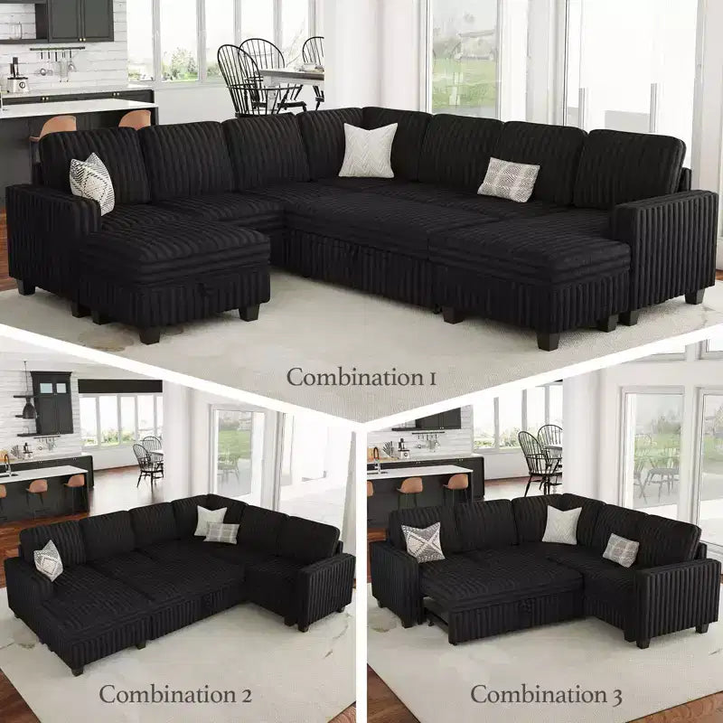 Canapé modulable convertible 2 places en velours côtelé noir/rouge/blanc avec chaise de rangement
