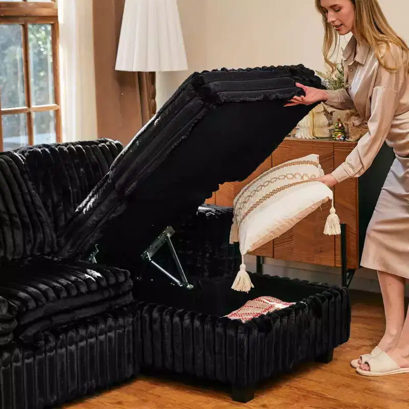 Canapé modulable convertible 2 places en velours côtelé noir/rouge/blanc avec chaise de rangement