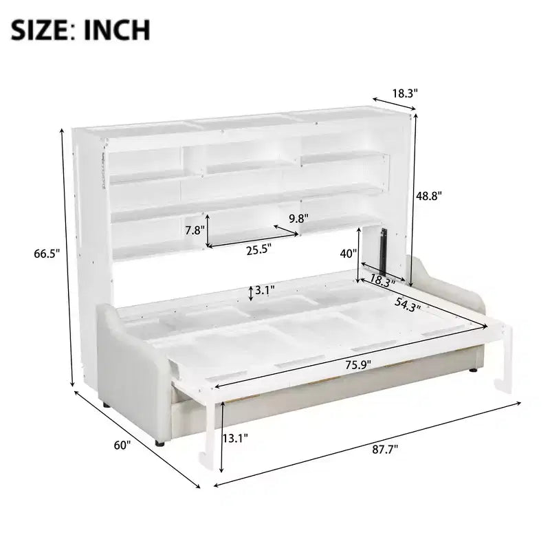 Lit escamotable Brown Wood Murphy avec canapé et lumières LED – Grand lit, 2 places