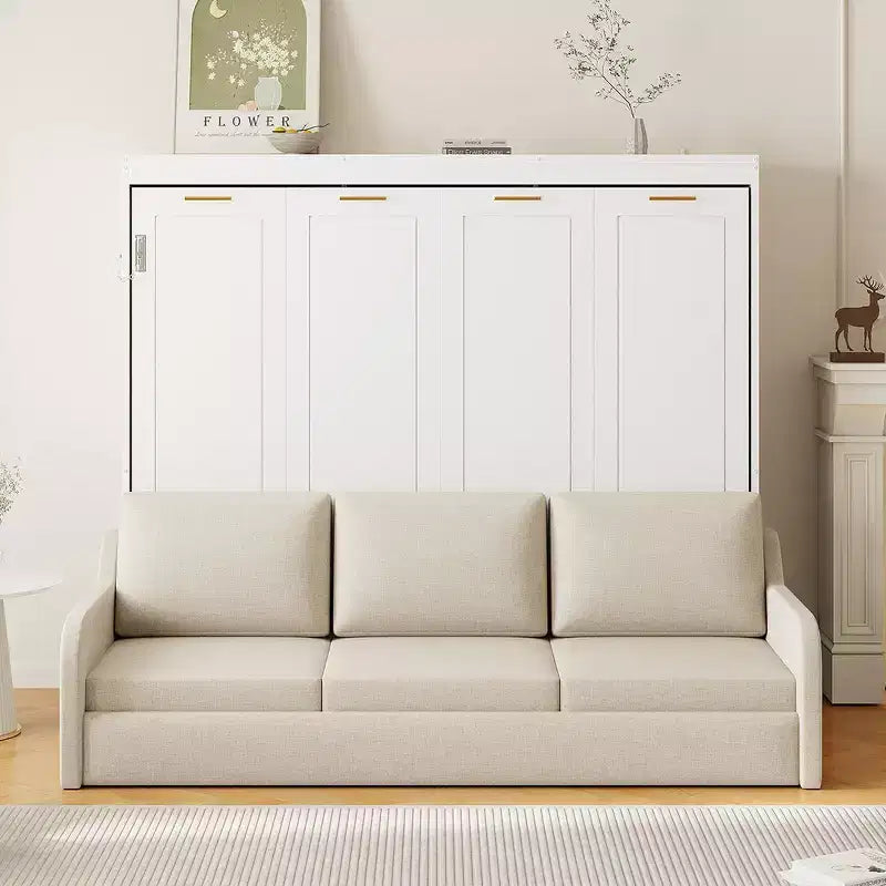 Lit escamotable Brown Wood Murphy avec canapé et lumières LED – Grand lit, 2 places