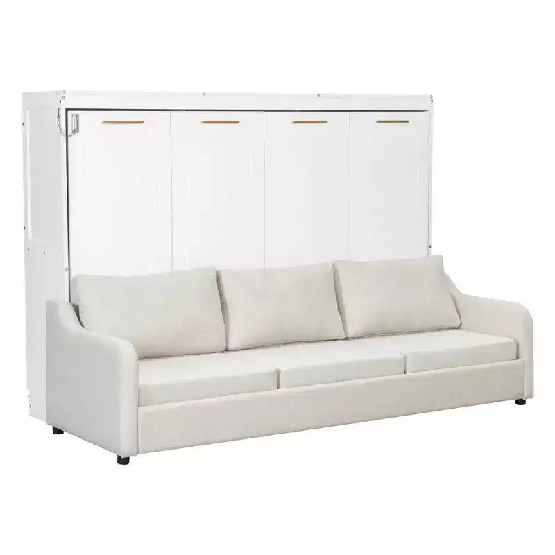 Lit escamotable Brown Wood Murphy avec canapé et lumières LED – Grand lit, 2 places