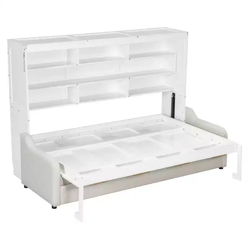 Lit escamotable Brown Wood Murphy avec canapé et lumières LED – Grand lit, 2 places