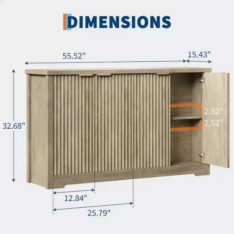 Buffet cannelé en bois antique/naturel, 4 portes, montage par 1 personne