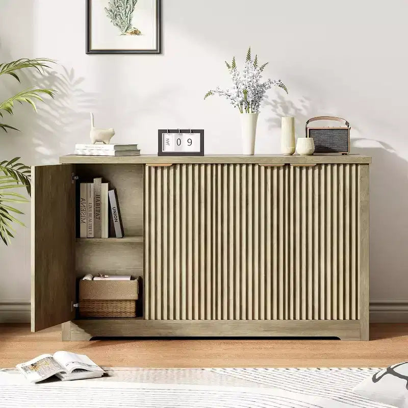 Buffet cannelé en bois antique/naturel, 4 portes, montage par 1 personne