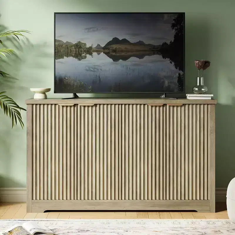 Buffet cannelé en bois antique/naturel, 4 portes, montage par 1 personne