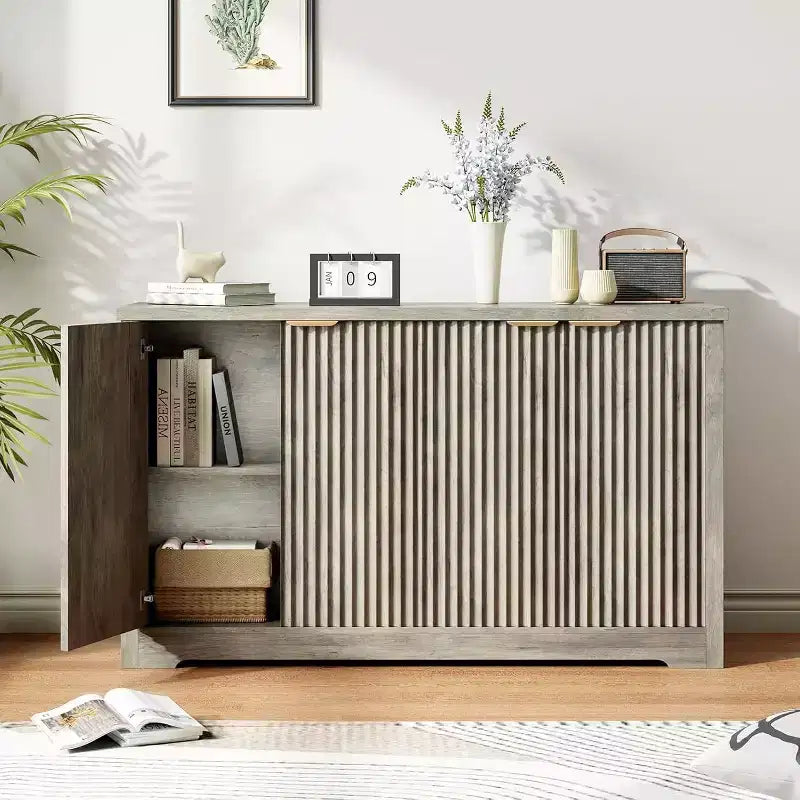 Buffet cannelé en bois antique/naturel, 4 portes, montage par 1 personne