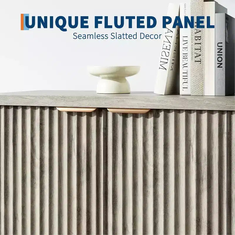 Buffet cannelé en bois antique/naturel, 4 portes, montage par 1 personne