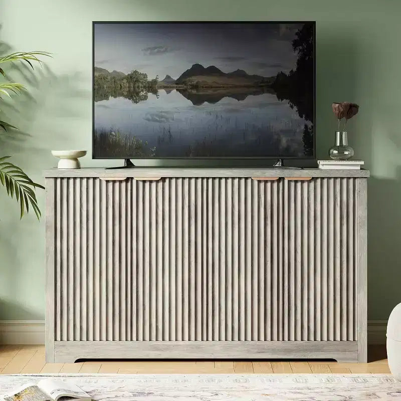 Buffet cannelé en bois antique/naturel, 4 portes, montage par 1 personne