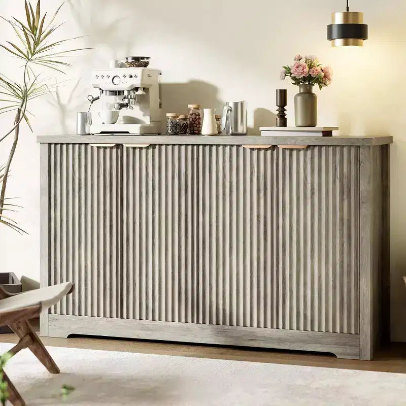 Modern Fluted Wood Sideboard Cabinet with 4 Doors and Adjustable Shelf, Spacious Tabletop, Versatile Buffet and Coffee Bar Console for Dining Room