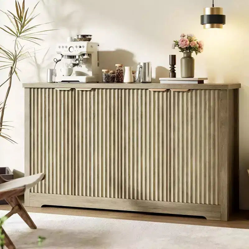 Buffet cannelé en bois antique/naturel, 4 portes, montage par 1 personne