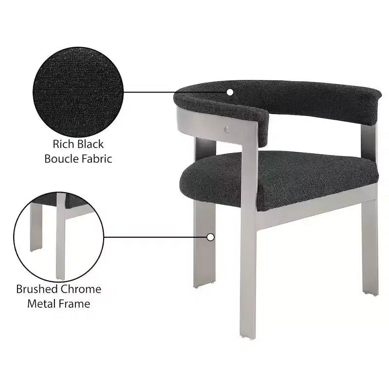 Chaise de salle à manger en tissu bouclé noir/crème, chrome brossé, lot de 2