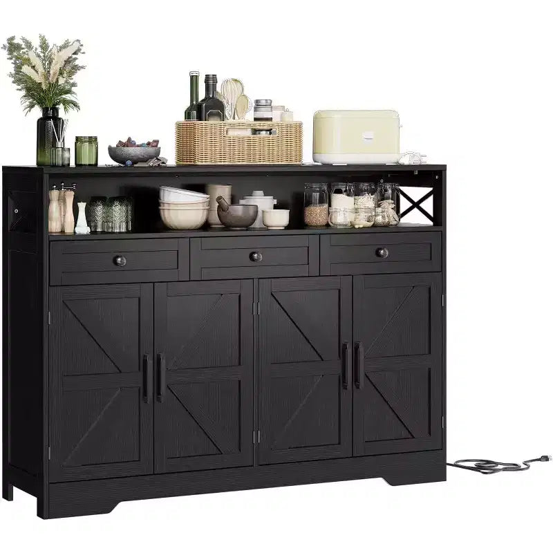 Buffet de ferme en bois antique de 51 po – 4 portes de grange, 3 tiroirs, assemblage par 1 personne