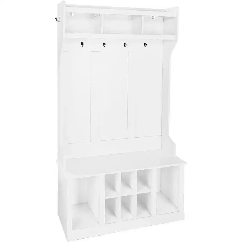 Porte-manteau blanc 5-en-1 avec banc, meuble de rangement et 6 crochets – Pour 2 utilisateurs et plus
