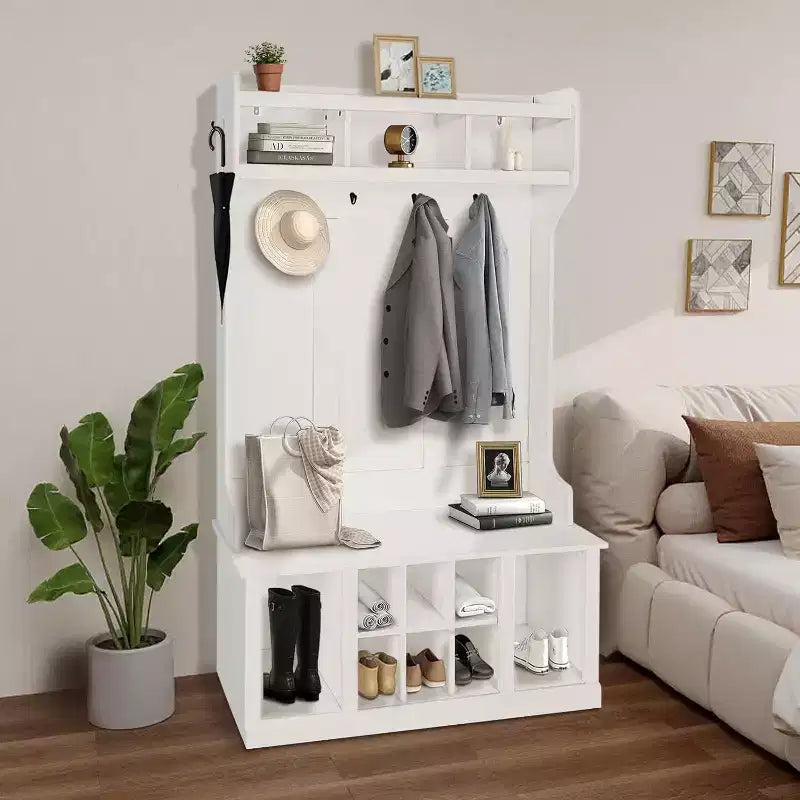 Porte-manteau blanc 5-en-1 avec banc, meuble de rangement et 6 crochets – Pour 2 utilisateurs et plus