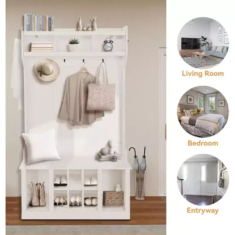Porte-manteau blanc 5-en-1 avec banc, meuble de rangement et 6 crochets – Pour 2 utilisateurs et plus