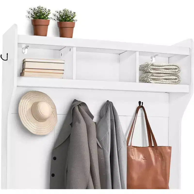 Porte-manteau blanc 5-en-1 avec banc, meuble de rangement et 6 crochets – Pour 2 utilisateurs et plus