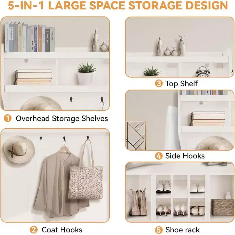 Porte-manteau blanc 5-en-1 avec banc, meuble de rangement et 6 crochets – Pour 2 utilisateurs et plus