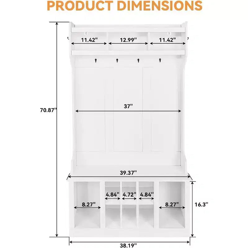 Porte-manteau blanc 5-en-1 avec banc, meuble de rangement et 6 crochets – Pour 2 utilisateurs et plus