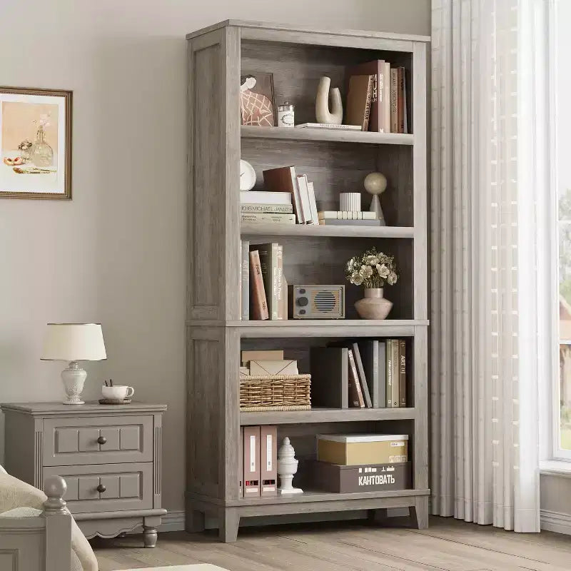 Bibliothèque réglable à 5 niveaux Noir/Gris, assemblage par une seule personne, 180 cm de haut