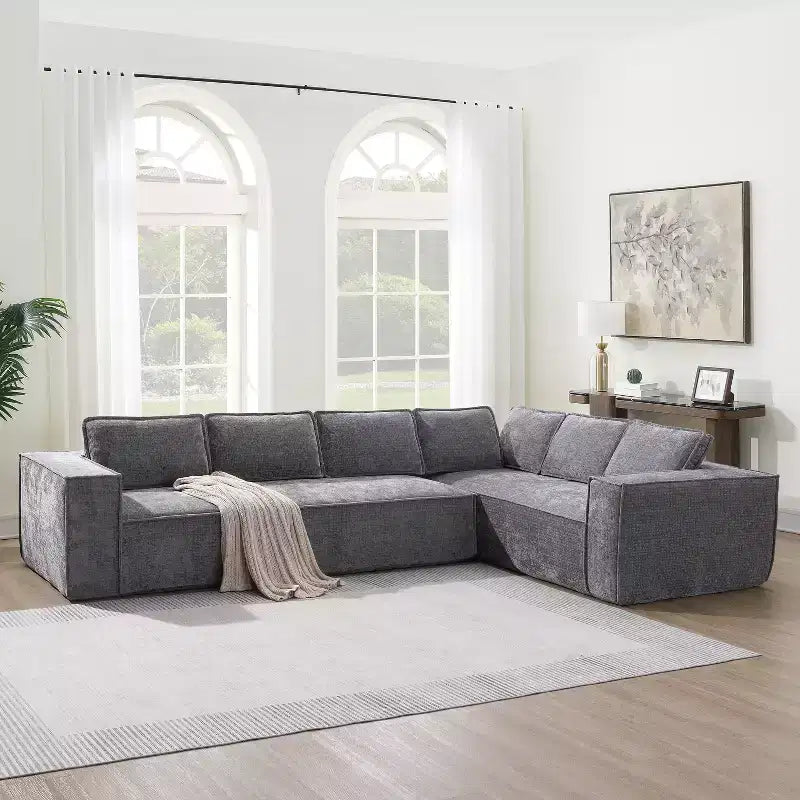 Canapé d'angle modulable gris / vert / blanc, 6 places