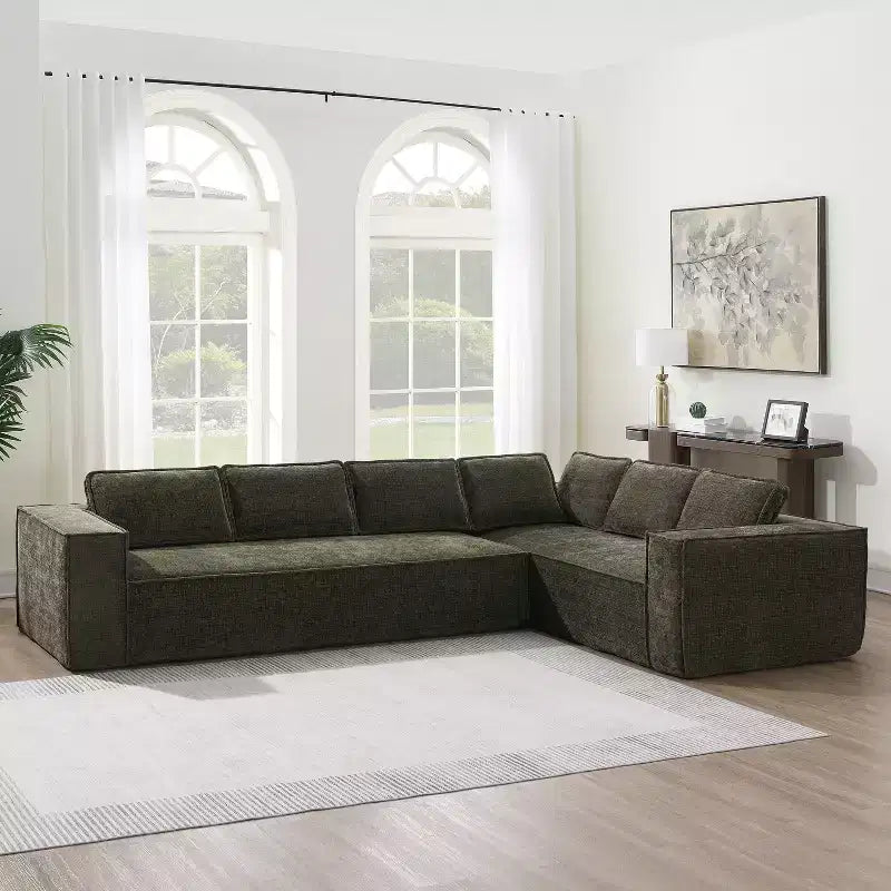 Canapé d'angle modulable gris / vert / blanc, 6 places